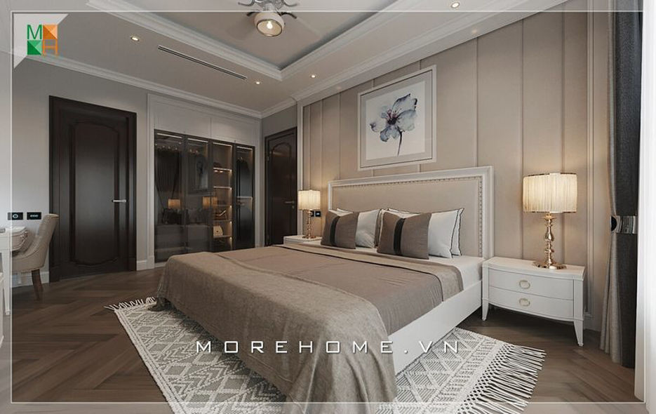 Thiết kế phòng ngủ Master chung cư đầy ấn tượng, chiếc giường ngủ hiện đại bọc da đầu giường màu trắng tô điểm thêm cho không gian thêm phần thoải mái và nhẹ nhàng